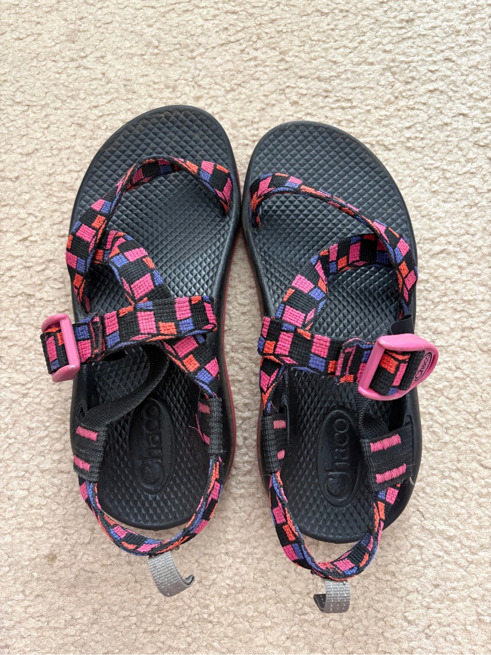 Chaco Kids Sandals — Black Footbed with Pink and Purple Straps